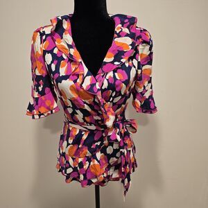 Diane Von Furstenberg Flare Sleeve Ruffle Wrap Top Blouse Pink 4 Women Silk Prep